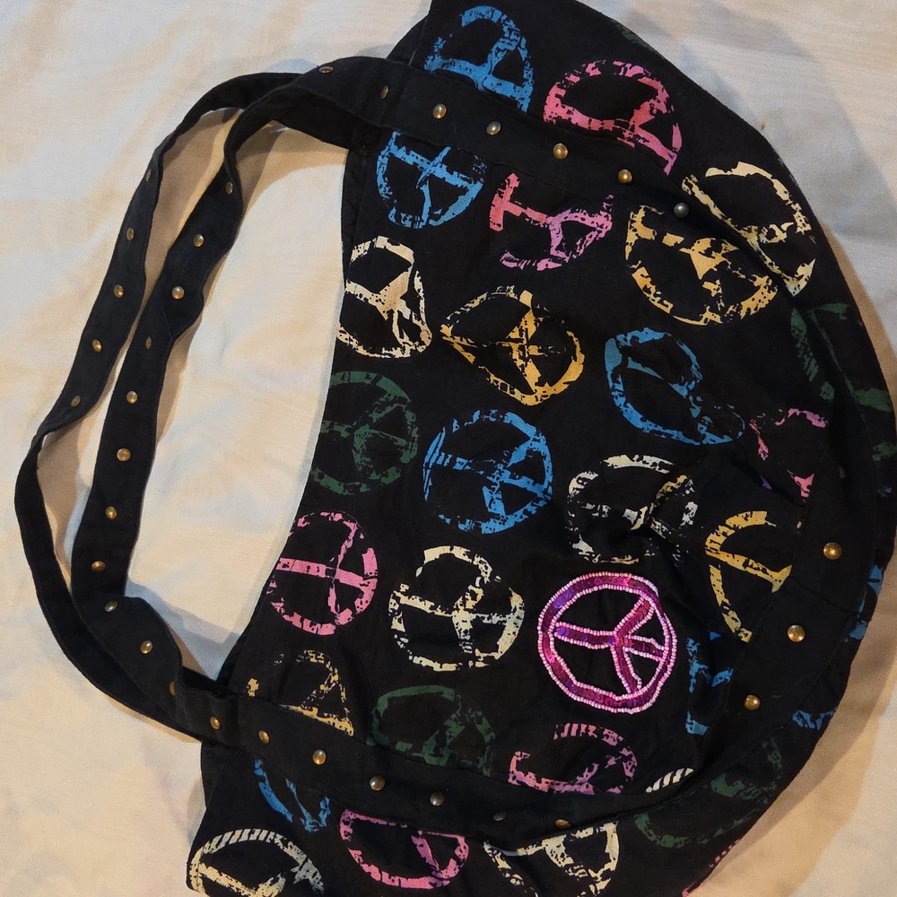 Boho Peace Sign Canvas Tote Shoulder Bag Black with Multicolor Peace Signs